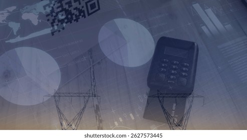 Image of financial data processing and statistics over payment terminal. global business communication and data sharing concept digitally generated image.