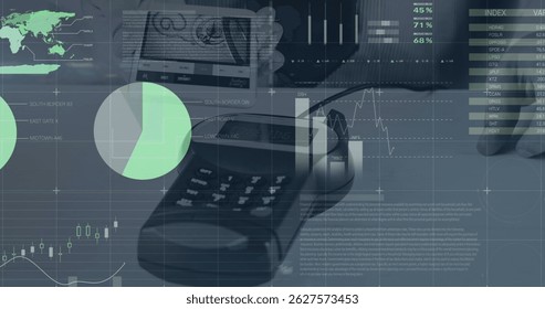Image of financial data processing and statistics over payment terminal. Global business, finance and data processing concept digitally generated image.