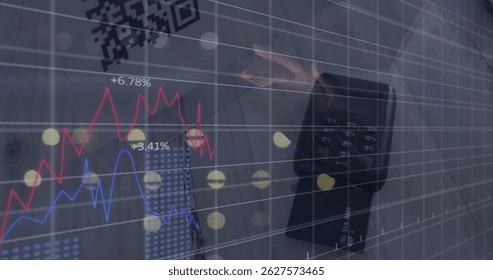 Image of financial data processing and statistics over payment terminal. Global business, finance and data processing concept digitally generated image.