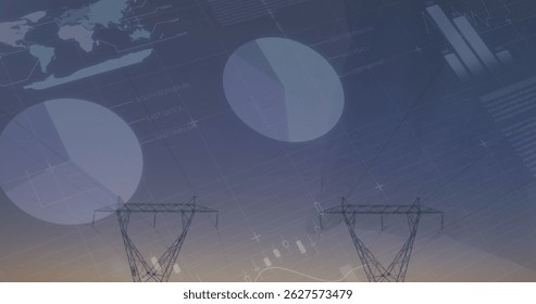Image of financial data processing and statistics over electricity pylons. Global energy, business, finance and data processing concept digitally generated image. - Powered by Shutterstock - Get 15% off with code: PIKWIZARD15