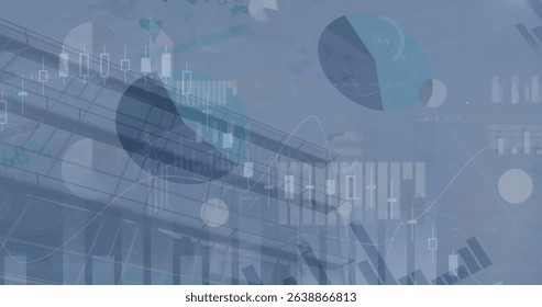 Image of financial data processing and statistics over cityscape. Business, finance and data processing concept digitally generated image.