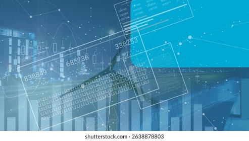 Image of financial data processing and statistics over wind turbine. Global data processing, sustainability and environment concept digitally generated image.