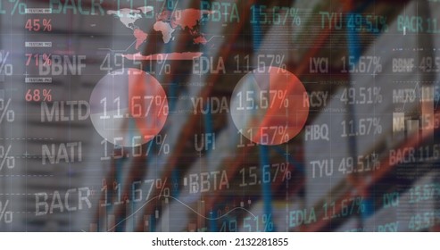 Image of financial data processing and stock market over empty warehouse. global shipping, delivery and connections concept digitally generated image.