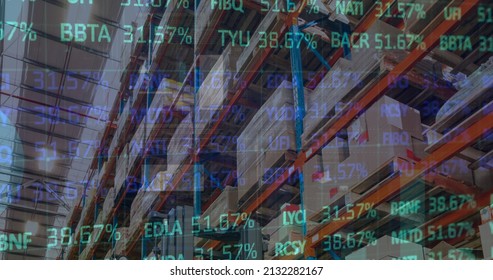 Image of financial data processing and stock market over empty warehouse. global shipping, delivery and connections concept digitally generated image.