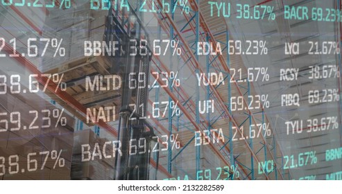 Image of financial data processing and stock market over empty warehouse. global shipping, delivery and connections concept digitally generated image.