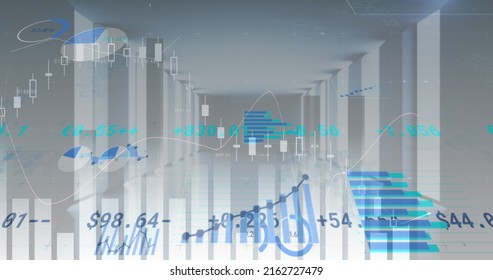 Image of financial data processing and stock market over server room. global business, finances and data processing concept digitally generated image.