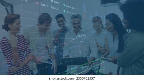 Image of financial data processing and stock market over diverse business people in office. global business, finances and data processing concept digitally generated image. - Powered by Shutterstock - Get 15% off with code: PIKWIZARD15
