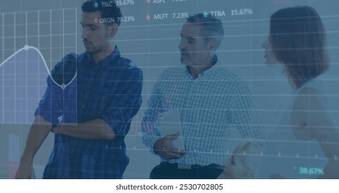 Image of financial data processing and stock market over diverse business people in office. global business, finances and data processing concept digitally generated image. - Powered by Shutterstock - Get 15% off with code: PIKWIZARD15