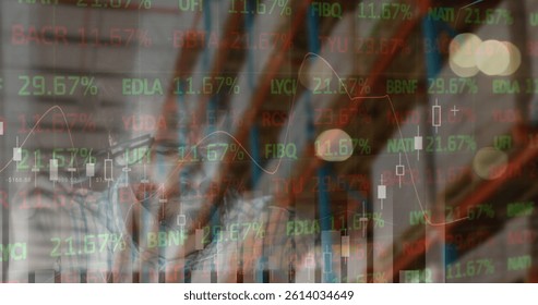 Image of financial data processing and stock market with caucasian man over empty warehouse. global shipping, delivery and connections concept digitally generated image.