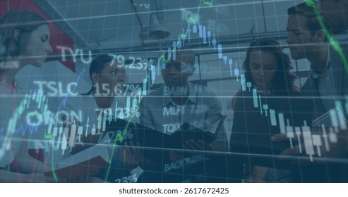 Image of financial data processing and stock market over diverse business people in office. global business, finances and data processing concept digitally generated image.