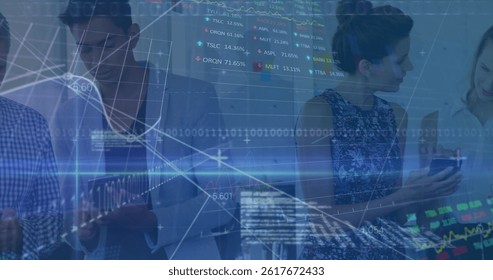 Image of financial data processing and stock market over diverse business people in office. global business, finances and data processing concept digitally generated image.