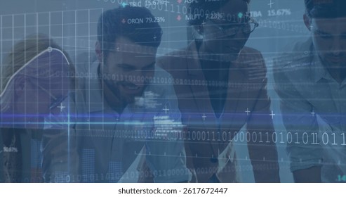 Image of financial data processing and stock market over diverse business people in office. global business, finances and data processing concept digitally generated image.
