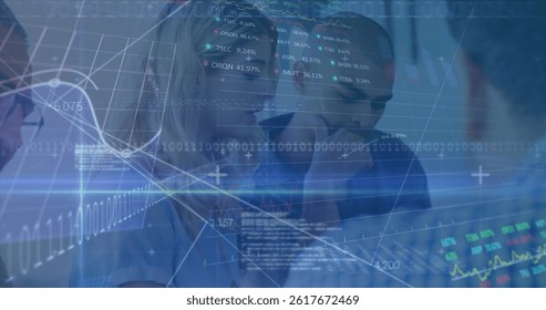 Image of financial data processing and stock market over diverse business people in office. global business, finances and data processing concept digitally generated image.