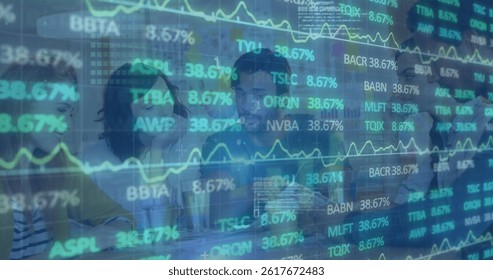 Image of financial data processing and stock market over diverse business people in office. global business, finances and data processing concept digitally generated image.