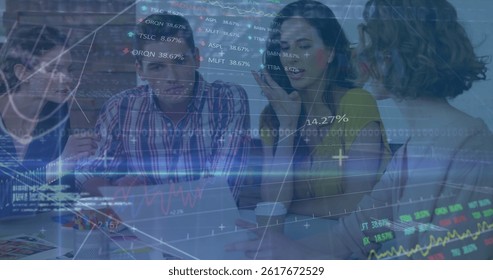 Image of financial data processing and stock market over diverse business people in office. global business, finances and data processing concept digitally generated image.