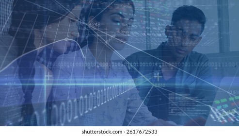 Image of financial data processing and stock market over diverse business people in office. global business, finances and data processing concept digitally generated image.