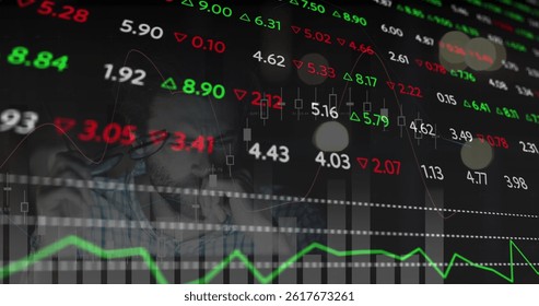 Image of financial data processing and stock market over caucasian man. global business, finances and data processing concept digitally generated image.