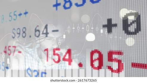 Image of financial data processing and stock market over caucasian man. global business, finances and data processing concept digitally generated image.