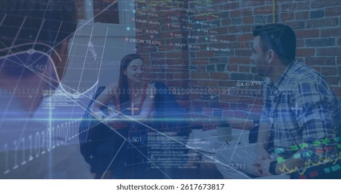 Image of financial data processing and stock market over diverse business people. global business, finances and digital interface concept digitally generated image.