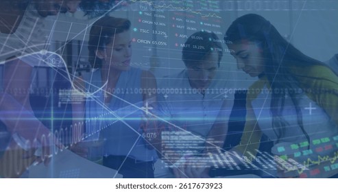 Image of financial data processing and stock market over diverse business people. global business, finances and digital interface concept digitally generated image.