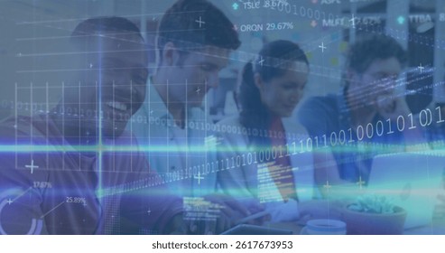 Image of financial data processing and stock market over diverse business people. global business, finances and digital interface concept digitally generated image.