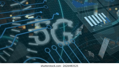 Image of financial data processing and stock market over network of connections. Global business and digital interface concept digitally generated image.
