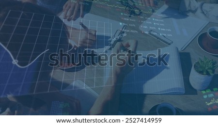 Image of financial data processing and stock market over diverse business people. global business, finances and digital interface concept digitally generated image.