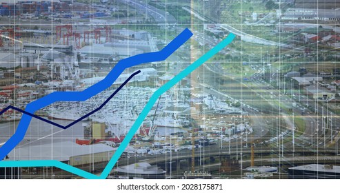 Image of financial data processing with three blue lines over cityscape in the background. Global finance business online security concept digitally generated image.