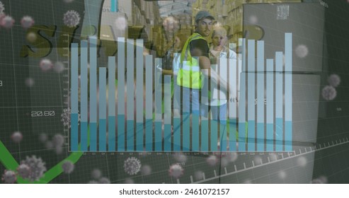 Image of financial data processing and virus cells over diverse workers in warehouse. Global shipping, delivery and digital interface concept digitally generated image.