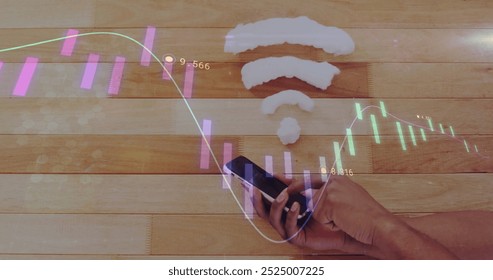 Image of financial data processing and wifi icon over caucasian woman using smartphone. Global finance, business, connections, computing and data processing concept digitally generated image.