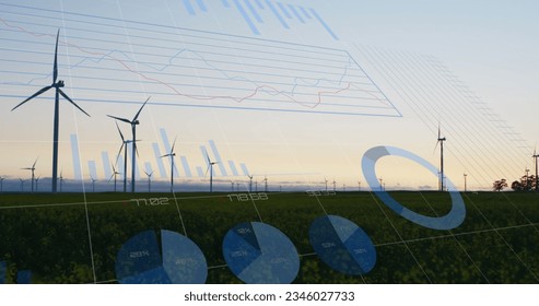 Image of financial data processing and wind turbines. global environment, sustainability and finance concept digitally generated image.