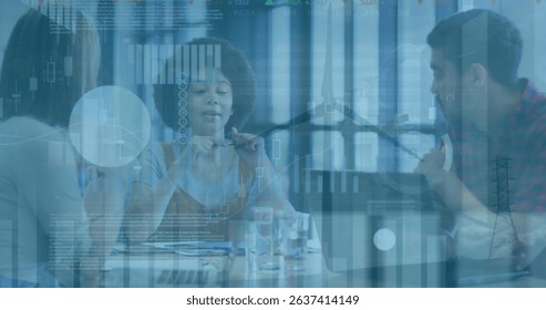 Image of financial data processing and wind turbine over diverse business people. Global business, computing and digital interface concept digitally generated image.