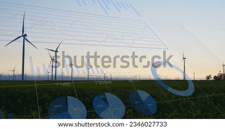 Image of financial data processing and wind turbines. global environment, sustainability and finance concept digitally generated image.