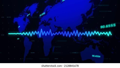 Image of financial data processing and world map on black background. global business, finances, connections and digital interface concept digitally generated image.