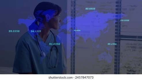 Image of financial data processing with world map over biracial female doctor. Global medicine, business, connections, computing and data processing concept digitally generated image. - Powered by Shutterstock