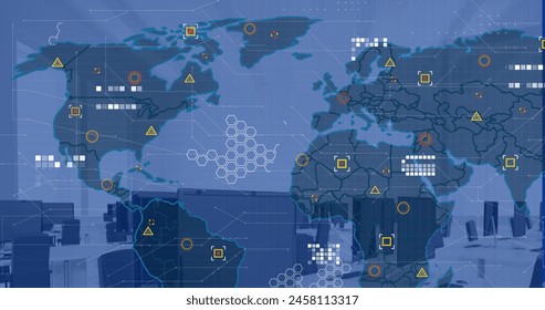 Image of financial data processing and world map over office with computers on desks. Global finance, business, connections, computing and data processing concept digitally generated image.
