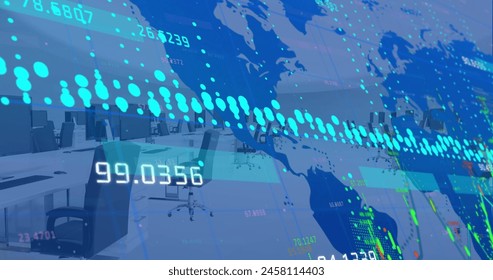 Image of financial data processing and world map over office with computers on desks. Global finance, business, connections, computing and data processing concept digitally generated image.