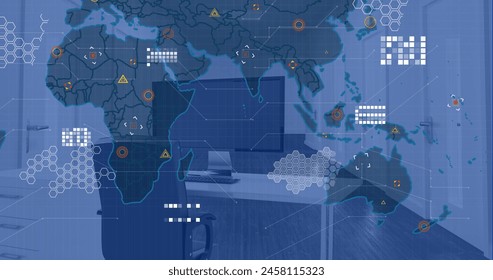 Image of financial data processing and world map over office with computer on desk. Global finance, business, connections, computing and data processing concept digitally generated image.