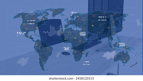 Image of financial data processing and world map over office with computer on desk. Global finance, business, connections, computing and data processing concept digitally generated image.