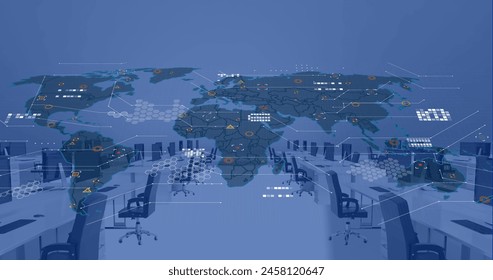 Image of financial data processing and world map over office with computers on desks. Global finance, business, connections, computing and data processing concept digitally generated image.