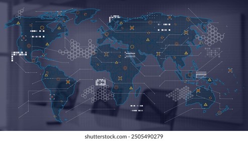 Image of financial data processing and world map over desk in office. Global finance, business, connections, computing and data processing concept digitally generated image. - Powered by Shutterstock