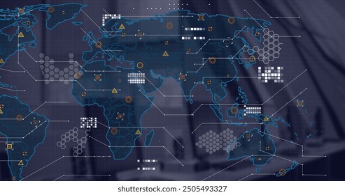 Image of financial data processing and world map over desk in office. Global finance, business, connections, computing and data processing concept digitally generated image.