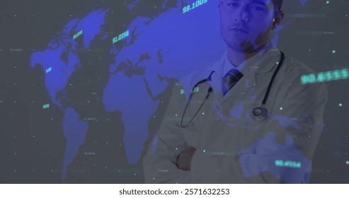 Image of financial data processing and world map over caucasian male doctor. Global finances, medicine and digital interface concept digitally generated image.