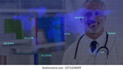 Image of financial data processing and world map over caucasian male doctor with stethoscope. Global finances, medicine and digital interface concept digitally generated image.