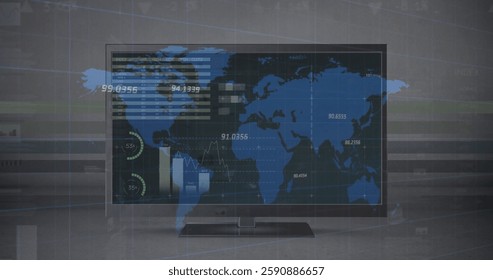 Image of financial data processing and world map over computer screen. Global finances, business, computing and digital interface concept digitally generated image.