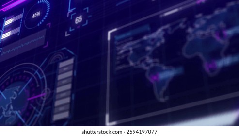 Image of financial data processing with world map and globe on black background. Global business, finances, computing and digital interface concept digitally generated image.