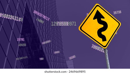 Image of financial data processing and yellow road sign with arrow. Global business, finances, computing and data processing concept digitally generated image.