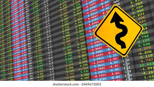 Image of financial data processing and yellow road sign with arrow. Global business, finances, computing and data processing concept digitally generated image.