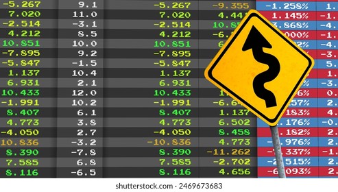 Image of financial data processing and yellow road sign with arrow. Global business, finances, computing and data processing concept digitally generated image.
