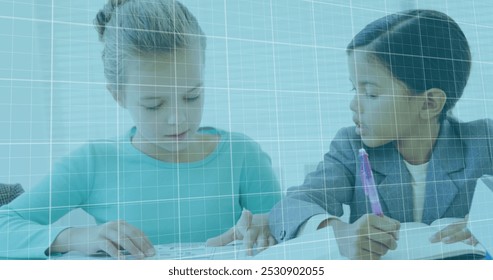 Image of financial data with red lines going down over schoolgirls shaking hands at business meeting. Education business social media network interface concept digital composite. - Powered by Shutterstock